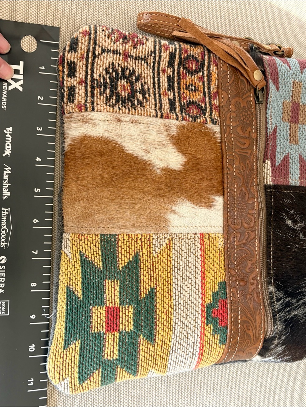 Myra Bag Brown Multi Patchwork Crossbody with Cowhide & Leather Trim Aztec Print - Picture 12 of 13